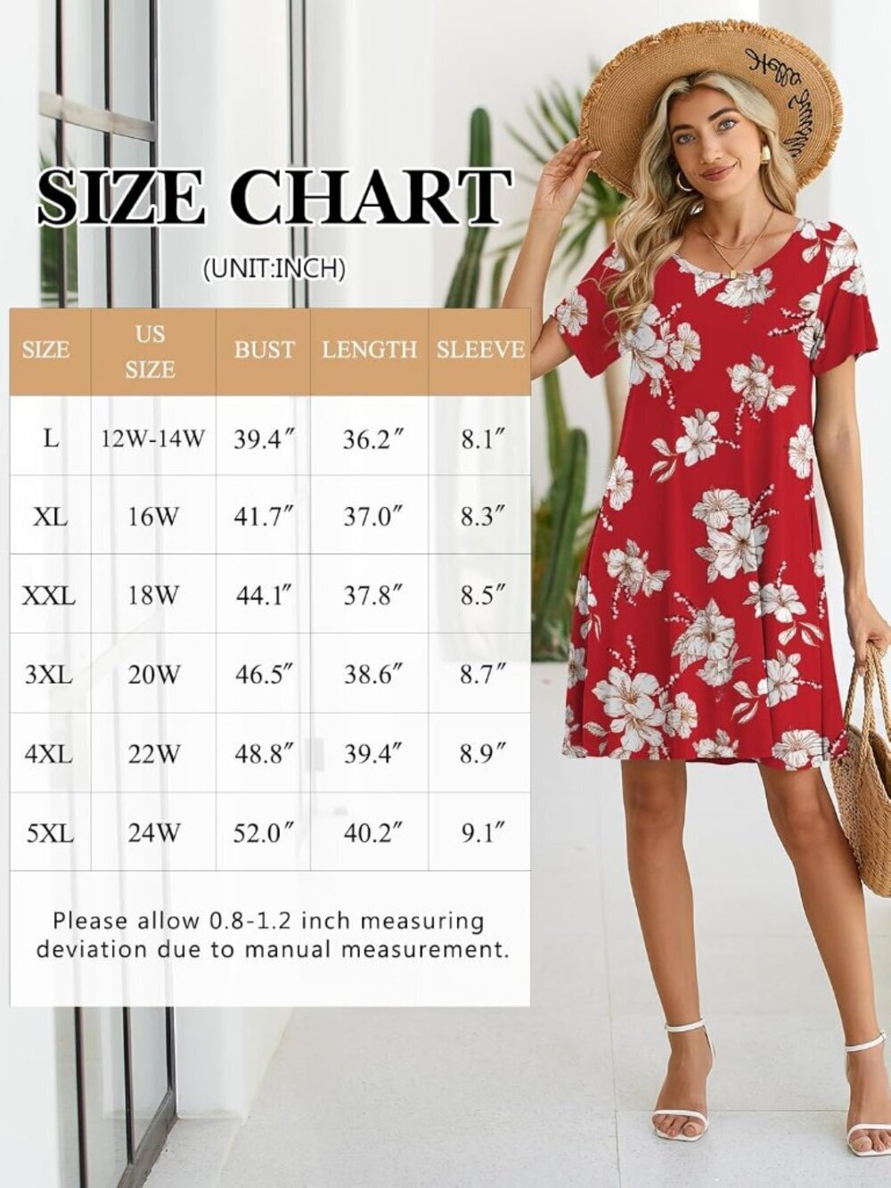 Women's Floral Red Casual Loose Swing Tunic Short Sleeve Sun Mini Shirt Dress - Picture 6 of 6